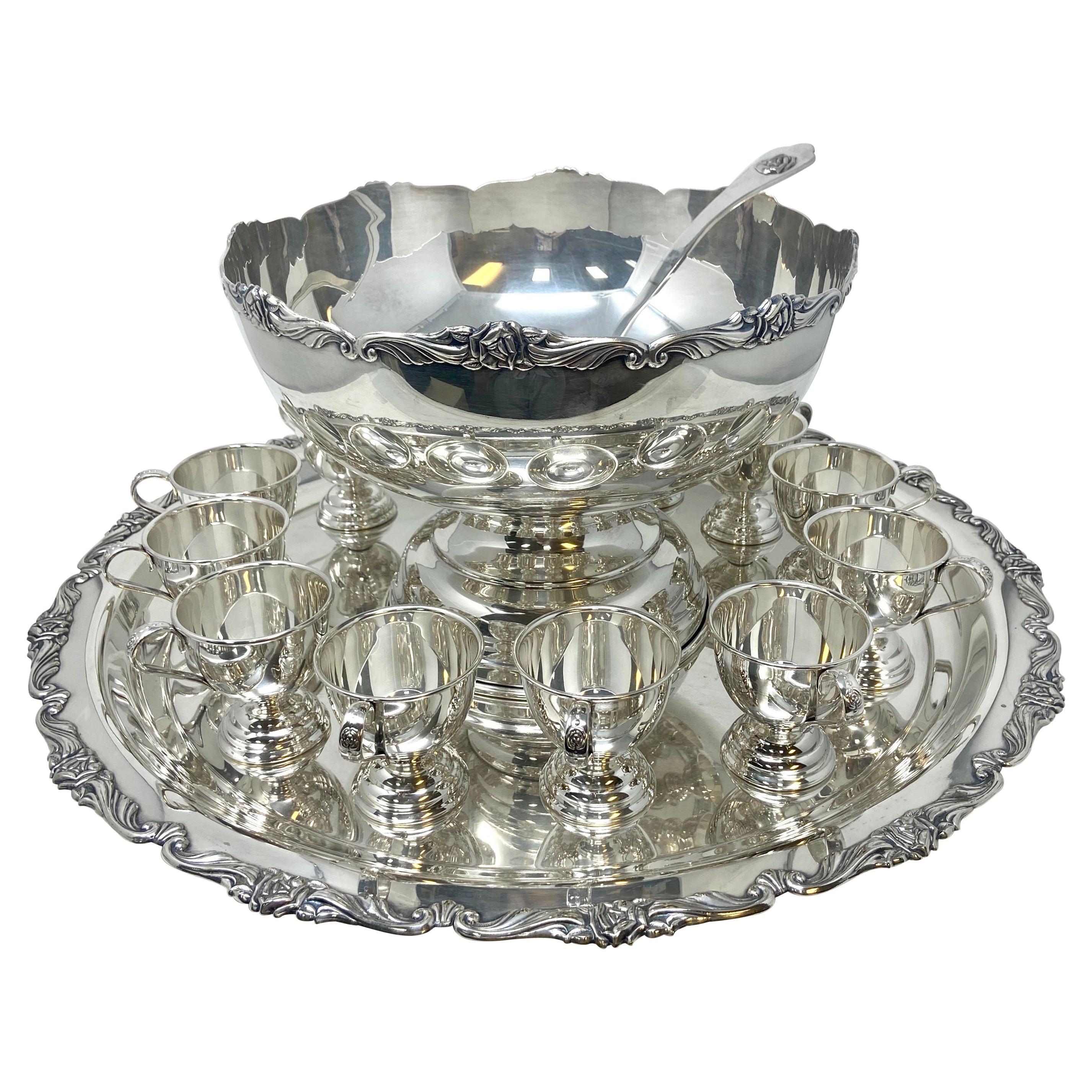 Estate Silver-Plated Punch Bowl Service with 12 Cups, Tray, & Ladle, circa 1950s