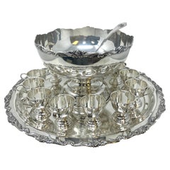 Retro Estate Silver-Plated Punch Bowl Service with 12 Cups, Tray, & Ladle, circa 1950s