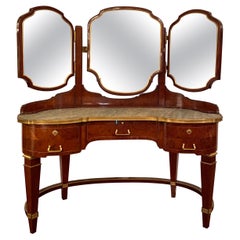 Antique French Marble-Top 3 Mirror Mahogany Vanity by "Krieger Paris, " Ca. 1890