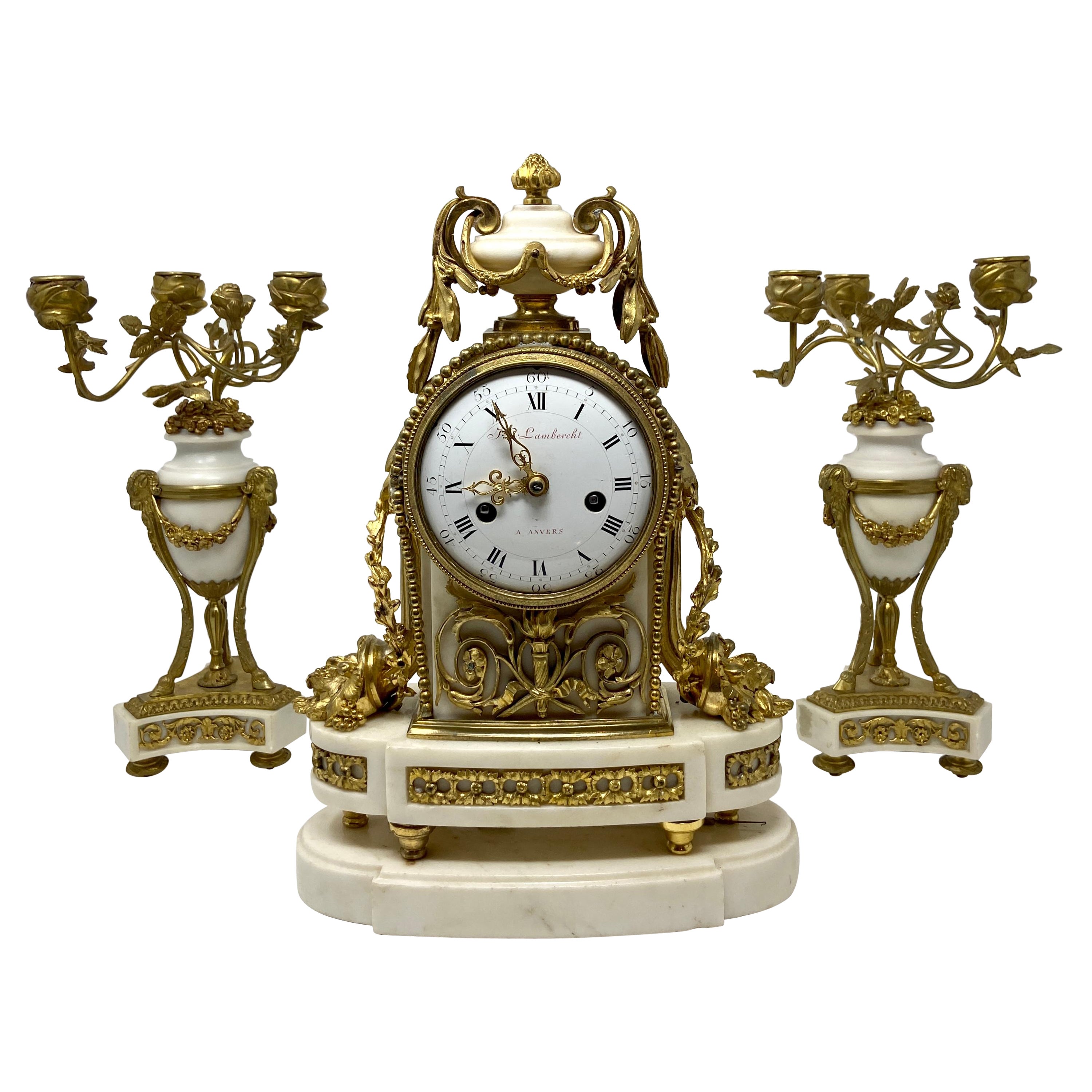 Antique French Louis XVI White Marble & Gold Bronze 3 Piece Garniture Clock Set For Sale
