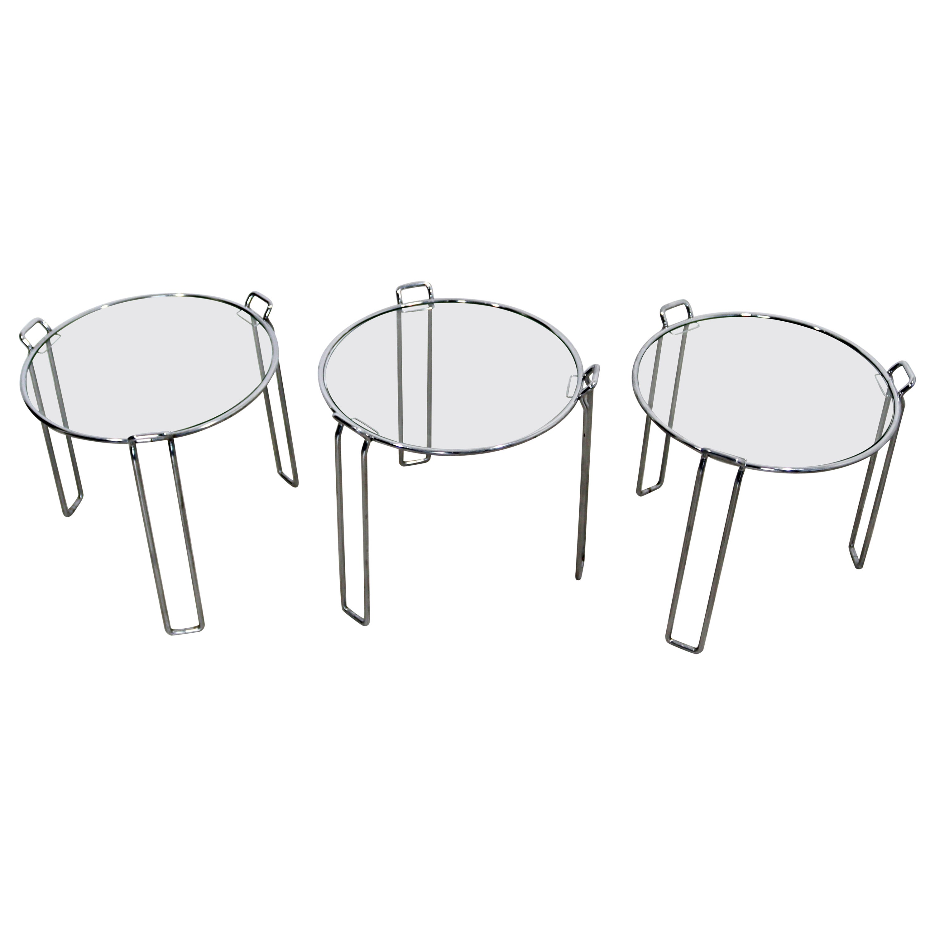 Mid-Century Modern Saporiti Set of 3 Chrome Glass Round Nesting Side Tables 60s
