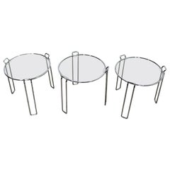 Mid-Century Modern Saporiti Set of 3 Chrome Glass Round Nesting Side Tables 60s