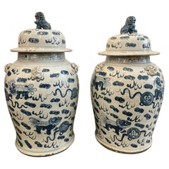Early 20th C. Antique Blue & White Chinoiserie Lidded Temple Jars, Pair
