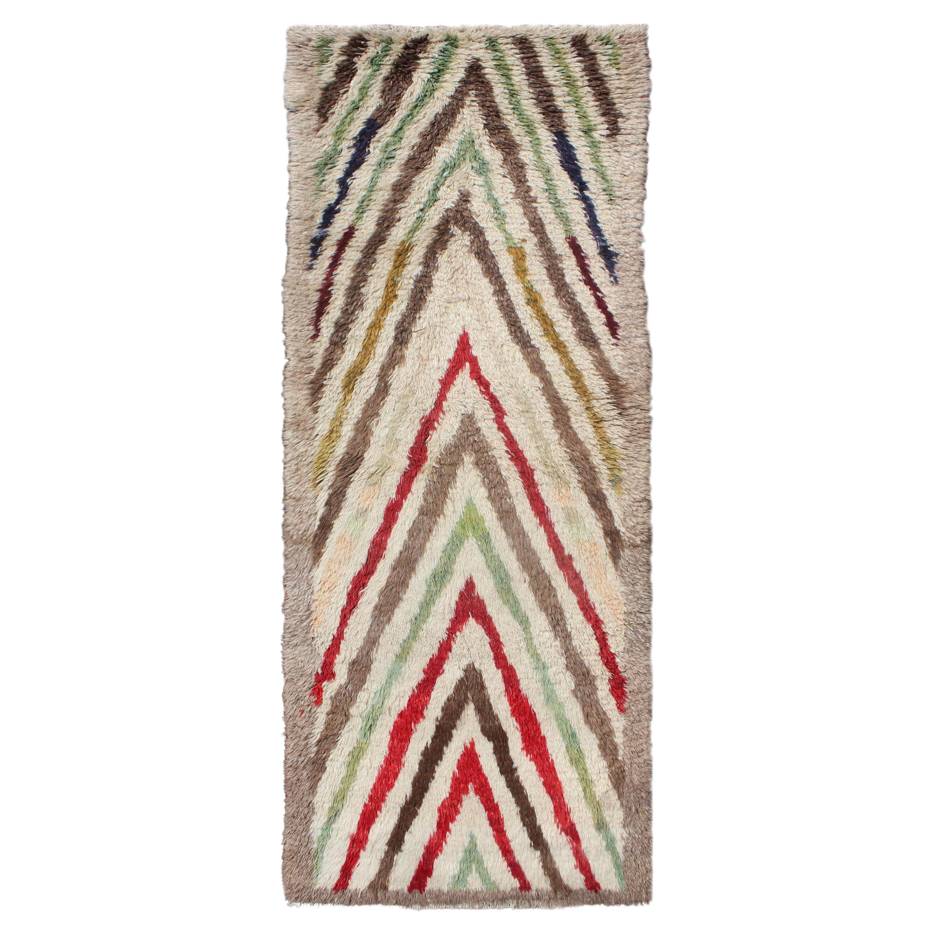 Vintage Turkish Tulu Runner with Tribal Design in Cream, Green, Red and Brown For Sale