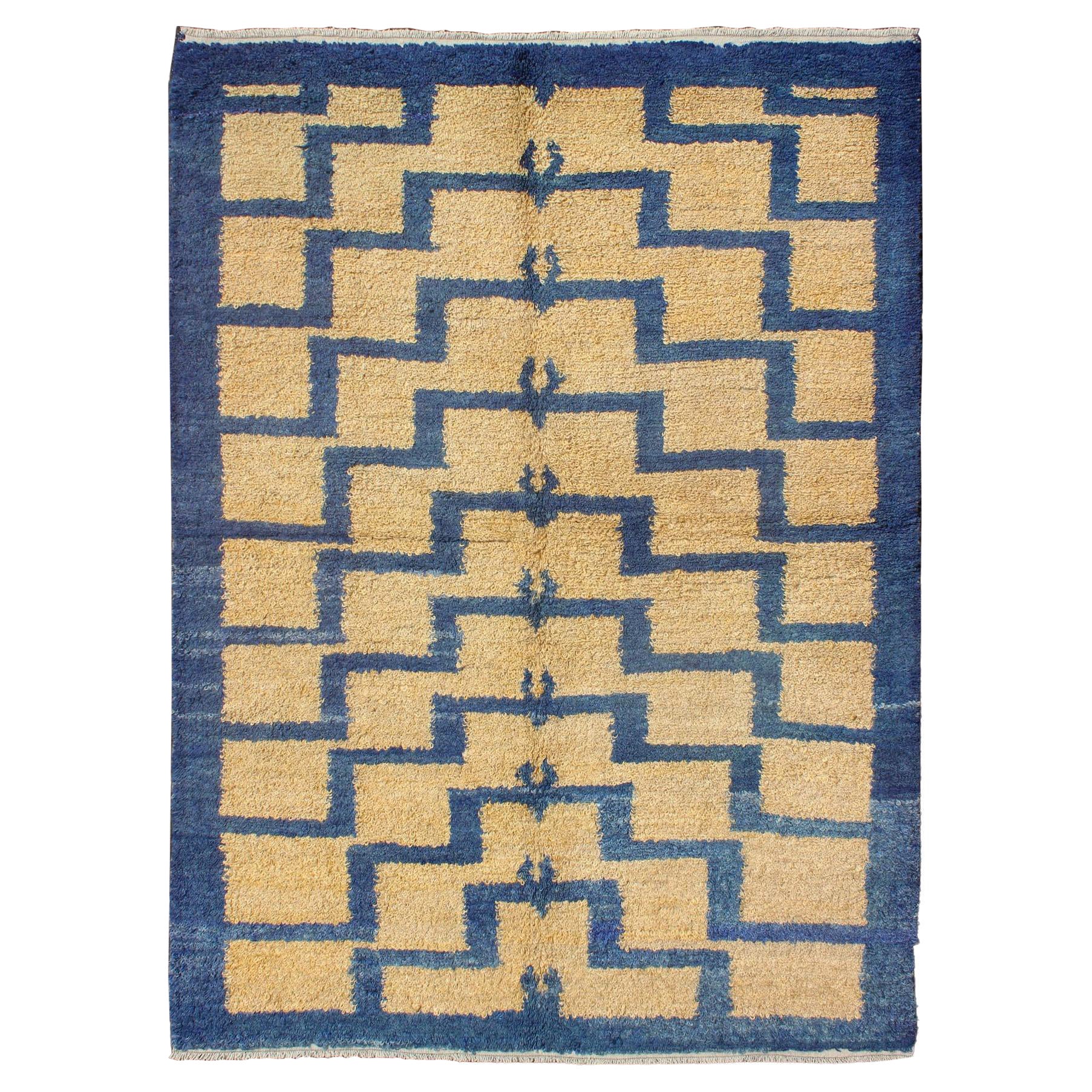 Mid-Century Modern Tulu Turkish Carpet with Tribal Pattern in Blue and Soft Gold For Sale
