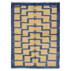 Mid-Century Modern Tulu Turkish Carpet with Tribal Pattern in Blue and Soft Gold