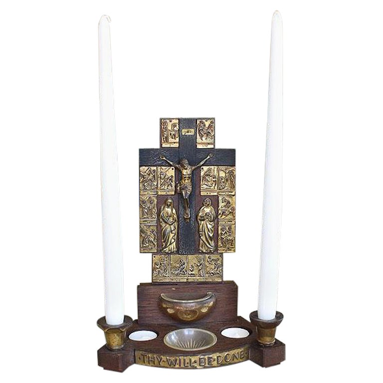 Antique Italian Holy Water Font with Brass Relief and Candle Holders For Sale