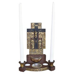 Antique Italian Holy Water Font with Brass Relief and Candle Holders