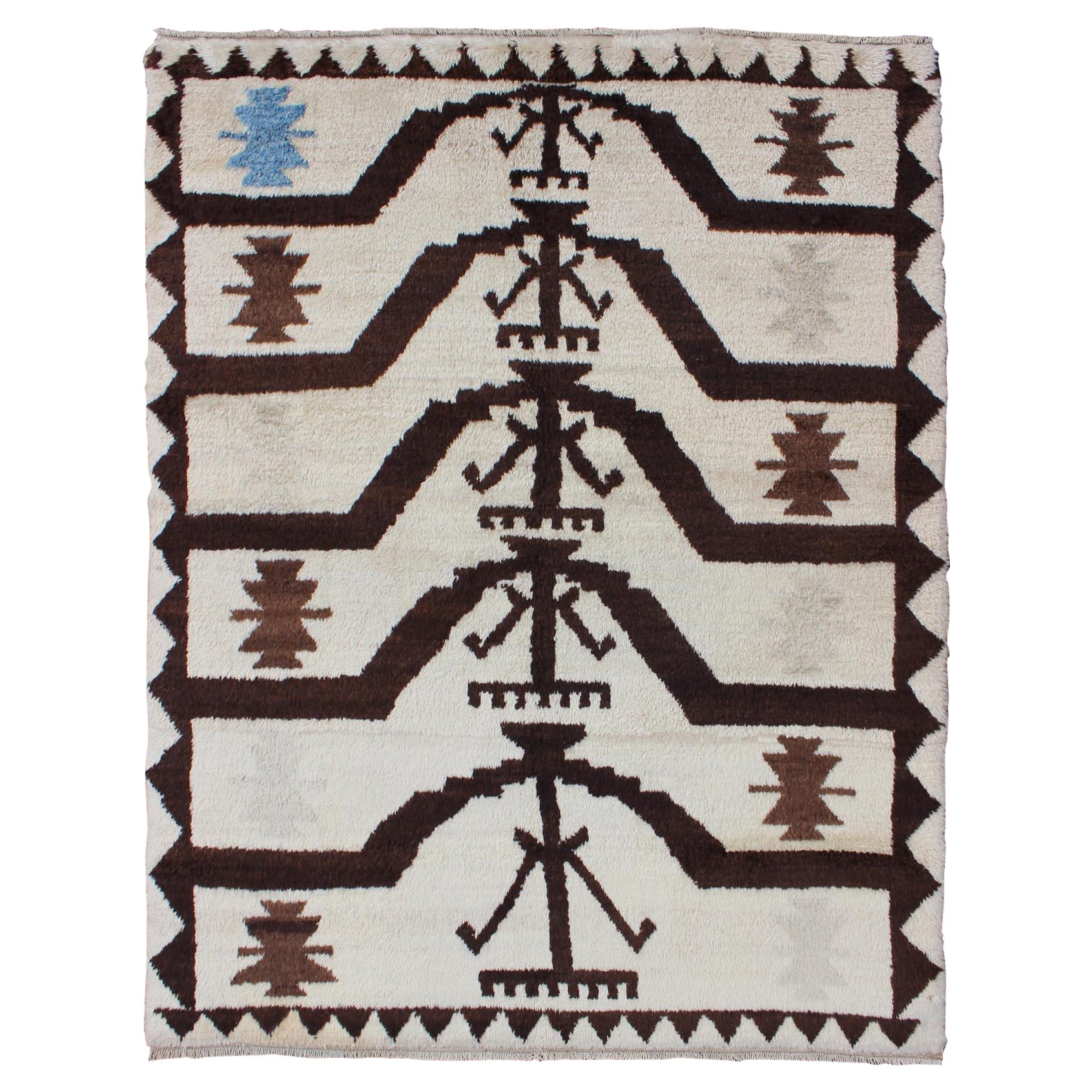 Turkish Tulu Carpet with Mid-Century Modern Design in Brown, Off-White and Blue For Sale