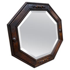 Vintage English Mirror Jacobean Carved Oak Framed Beveled Mirror Octagonal 1930s