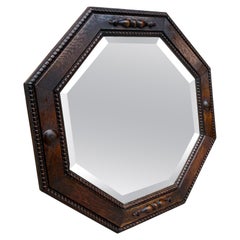 Antique English Mirror Jacobean Carved Oak Framed Beveled Mirror Octagonal 1930s