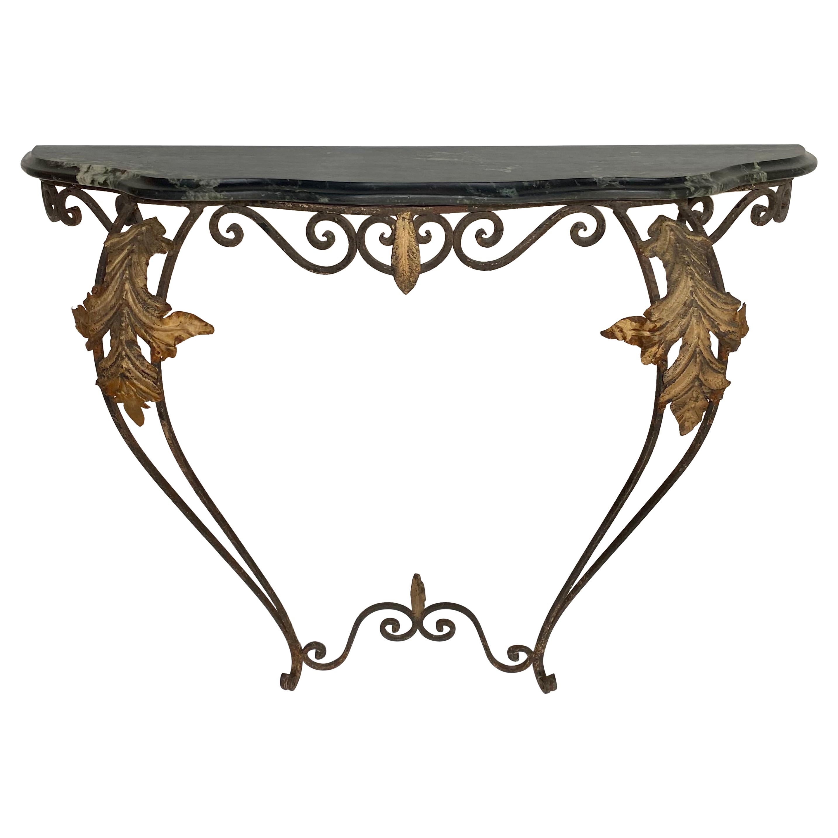 French Louis XV Style Gilt Wrought Iron and Marble Wall Mount Console Table