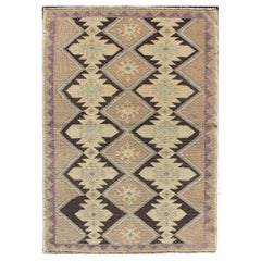 Turkish Oushak Tulu Rug with Geometric Medallions in Tan, Brown, and Levander