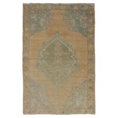 Retro Oushak Rug from Turkey with Medallion Design in Green & Amber