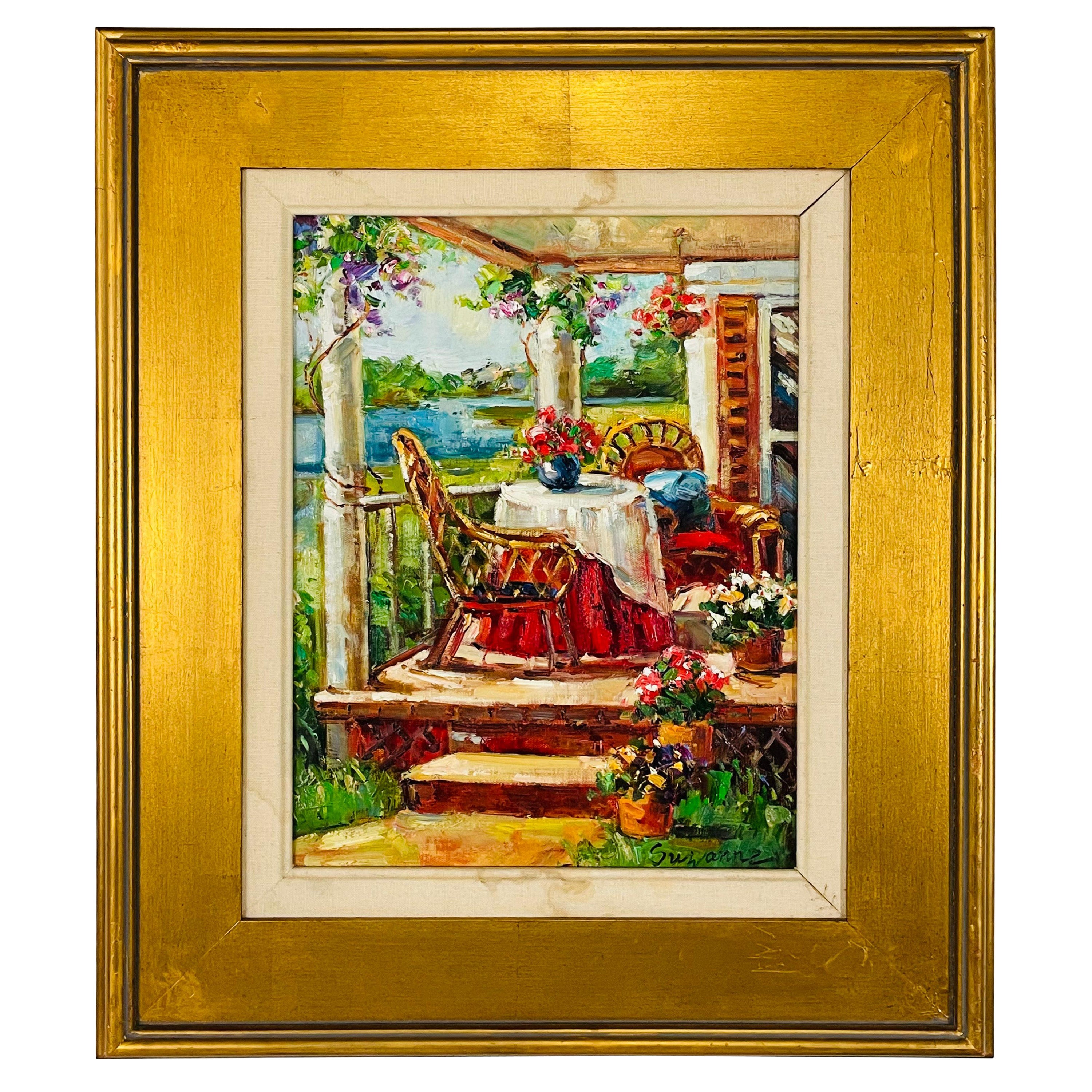 Vintage Oil on Canvas Painting of a Home Porch Signed by Artist in Gilt Frame