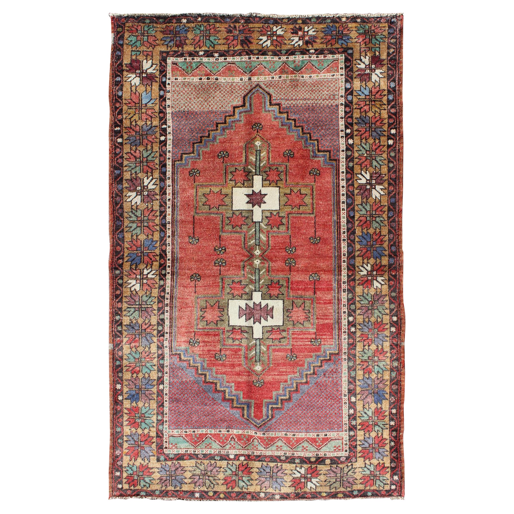 Vintage Turkish Oushak Rug with Tribal Medallion in Red, Green, Yellow & Purple For Sale