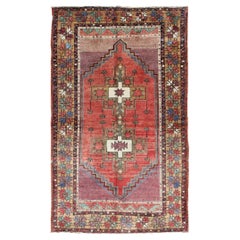 Vintage Turkish Oushak Rug with Tribal Medallion in Red, Green, Yellow & Purple