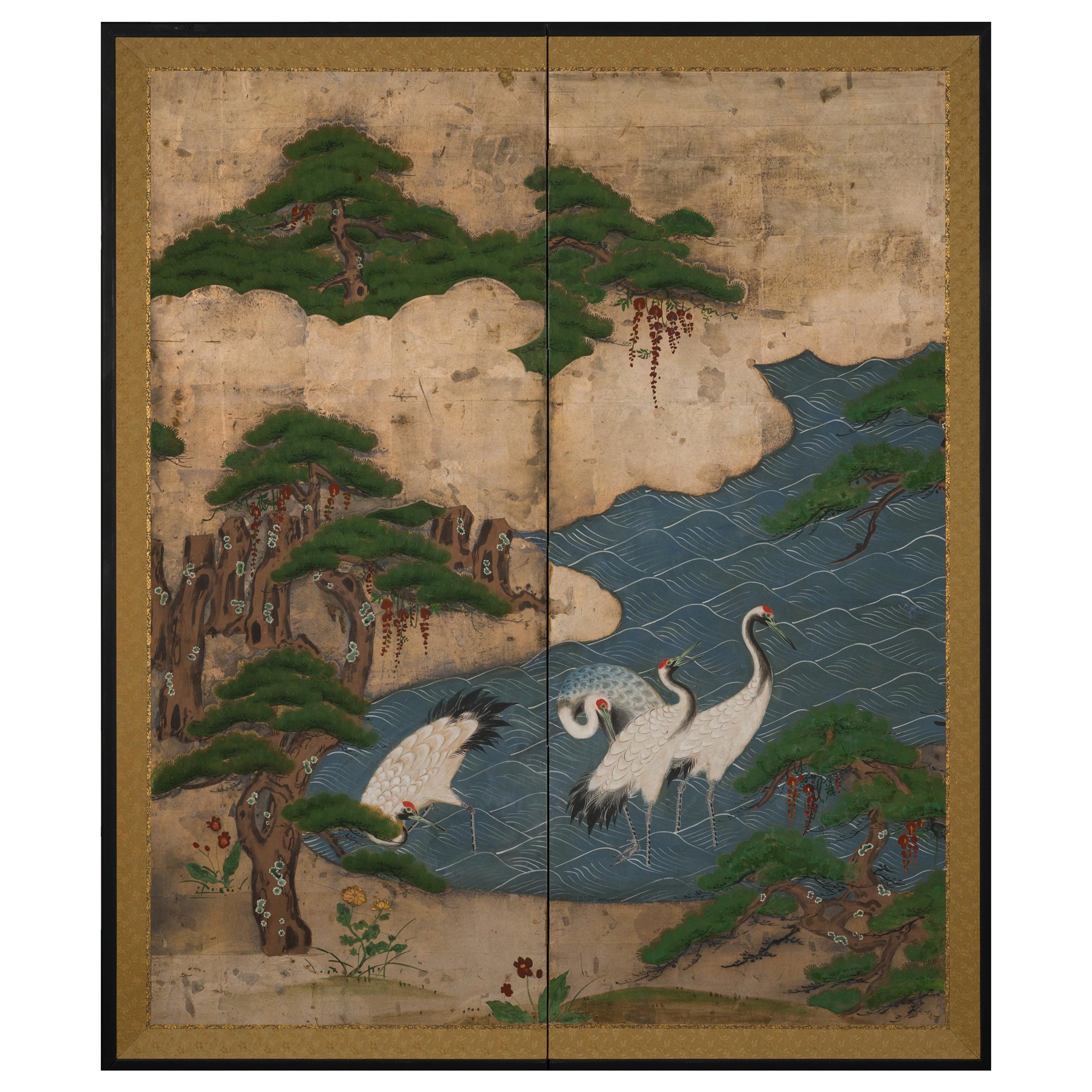Japanese Two Panel Screen Manchurian Cranes in Water Landscape