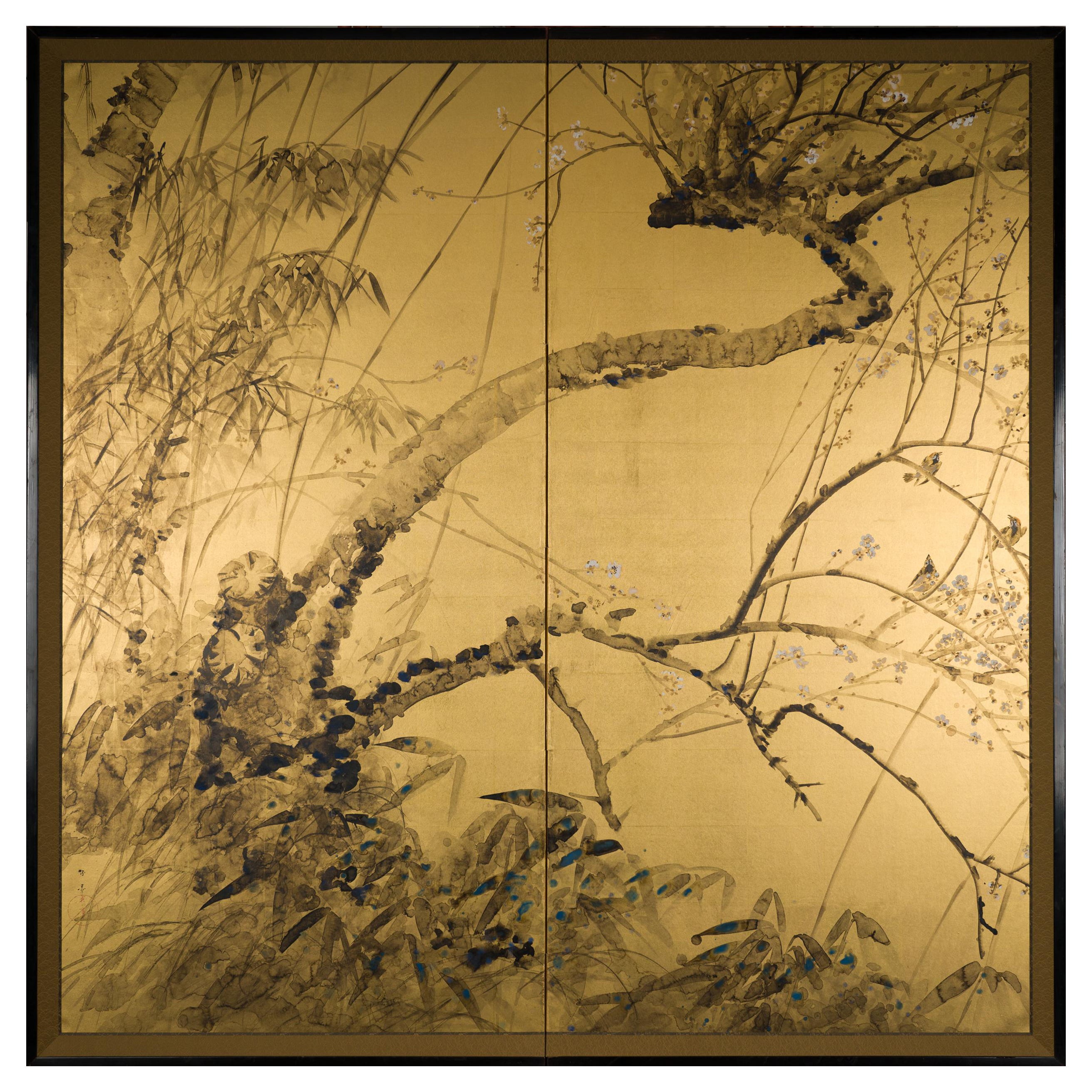Japanese Two Panel Screen Painting of Plum Tree
