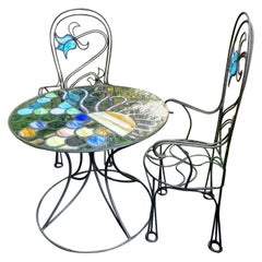 Vintage Billie Lawless Wrought Iron Table and Chairs Stained Glass Insert Patio Set 1976