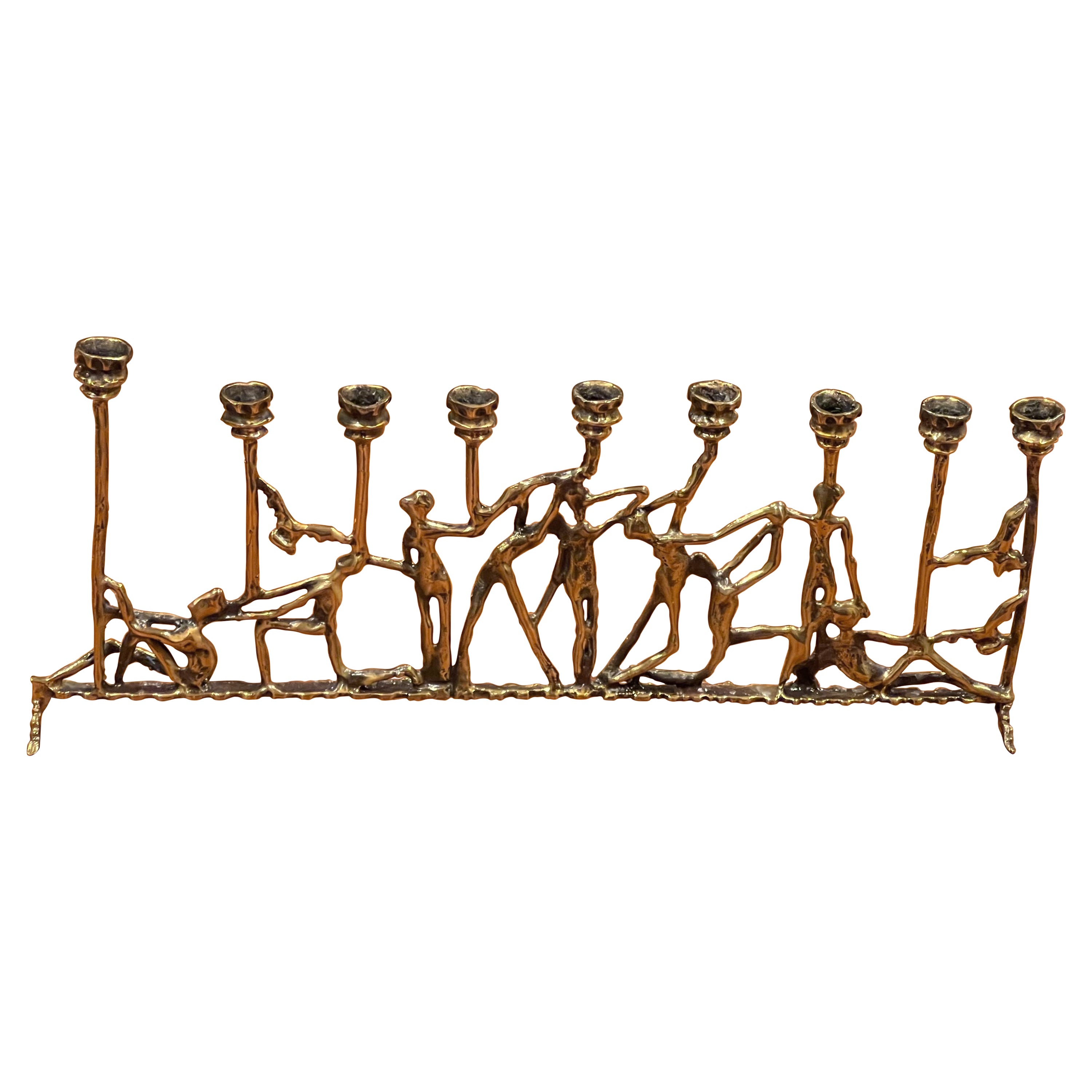 Brutalist Figurative Brass Menorah in the Style of Frederick Weinberg