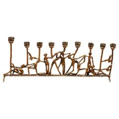 Retro Brutalist Figurative Brass Menorah in the Style of Frederick Weinberg