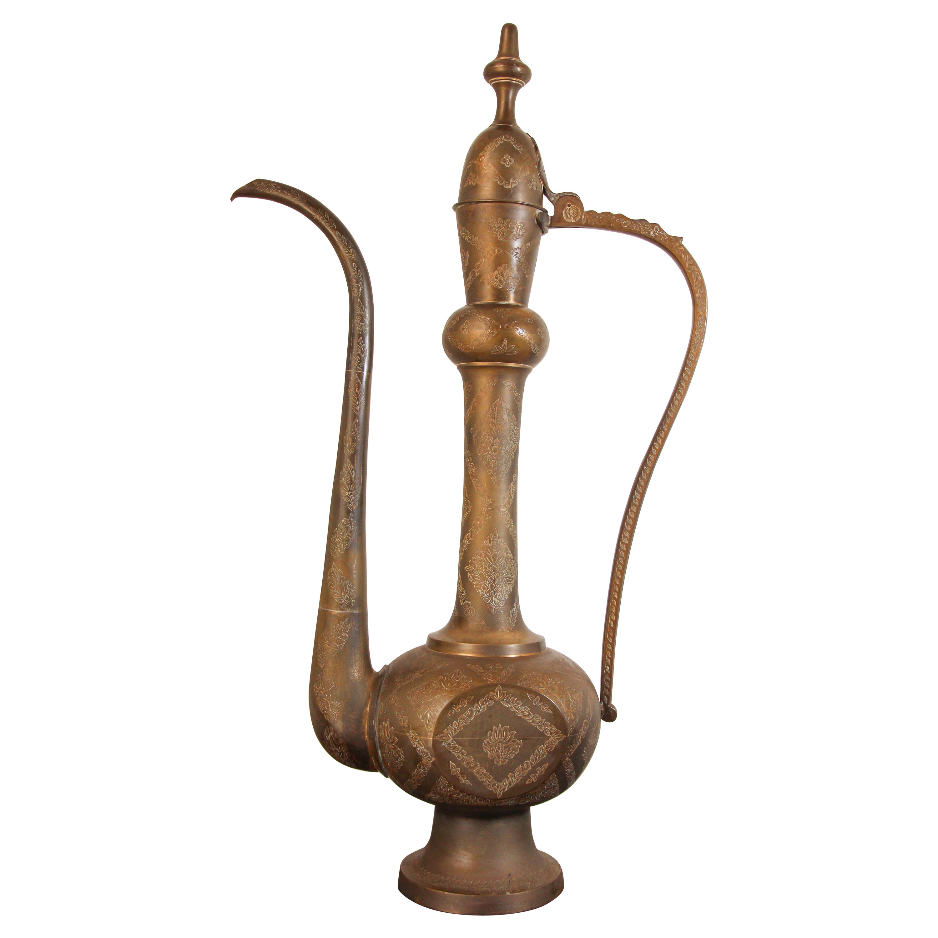 Oversized Tall Moorish Mughal Indian Brass Ewer For Sale