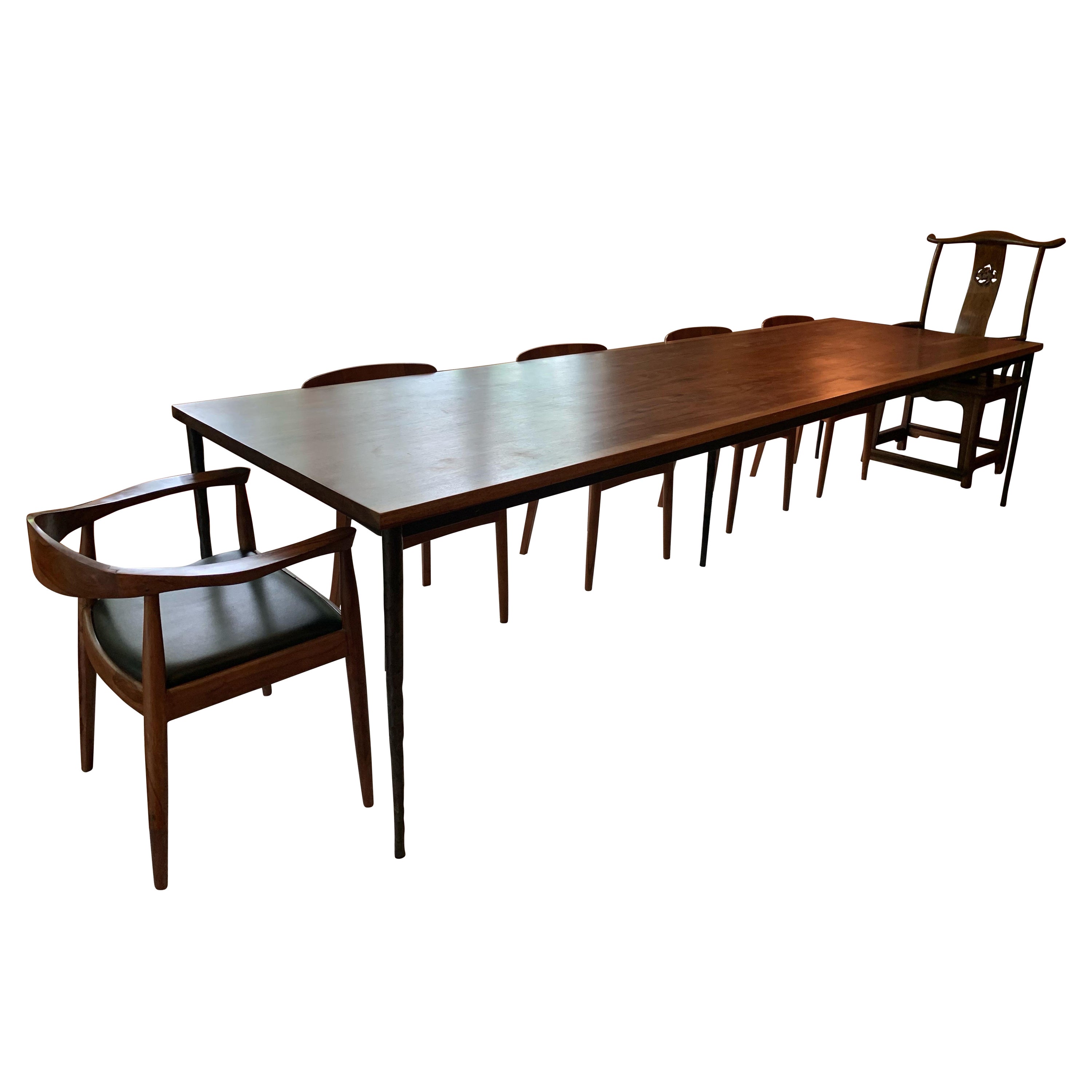 Custom-made Brazilian Walnut & Steel Hammered Leg Long Dining Table