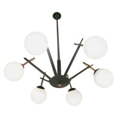 Stilnovo Chandelier Brass Iron Opaline Glass, 1950, Italy