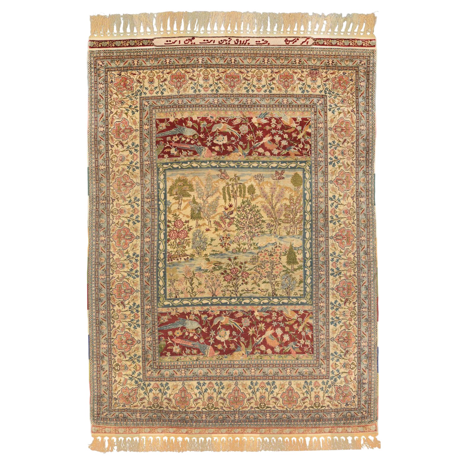 Signed "Paradise Rug" Turkish Hereke Silk & Metal Rug, XXI Century