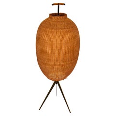 Italian Floor Lamp Brass Wicker Basket Mid-Century Modern 1955