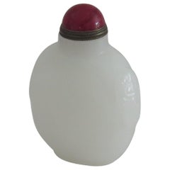 Retro Chinese Snuff Bottle White Stone Hand Carved with Red Stone Spoon Top