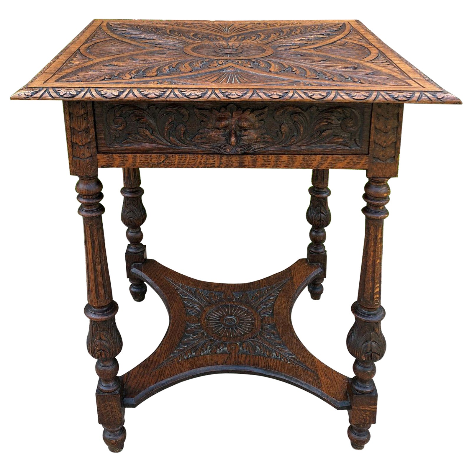 Antique English Side End Table Carved Oak 2-Tier Nightstand W Drawer Square Top 