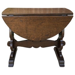 Antique English Table Drop Leaf Trestle Base Petite Oak Pegged Oval End Table