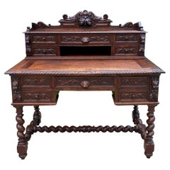 Antique French Desk Barley Twist Oak Office Library Desk Renaissance Revival