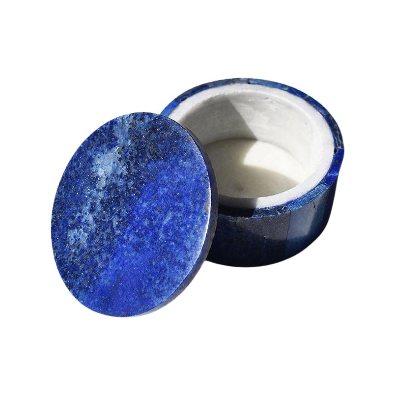 Round Blue Lapis Lazuli and Marble Stone Jewelry or Trinket Box with Lid