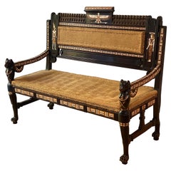 Rare Egyptian Revival Ebony and Inlaid Settee, Late 19th Century