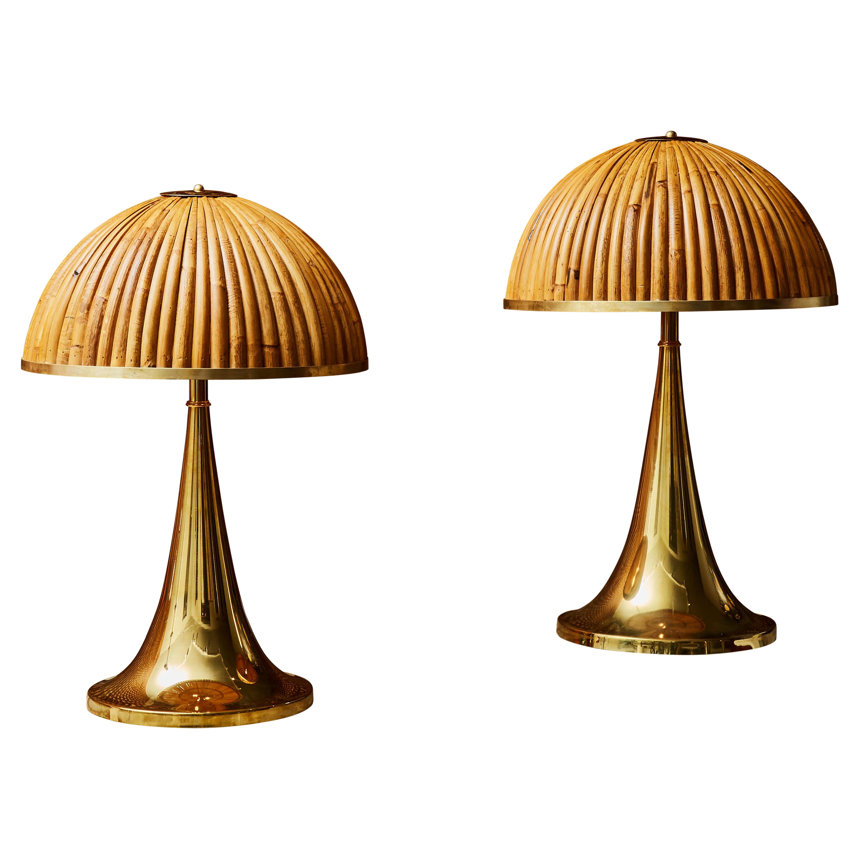 Pair of Brass Table Lamps with Wooden Shades