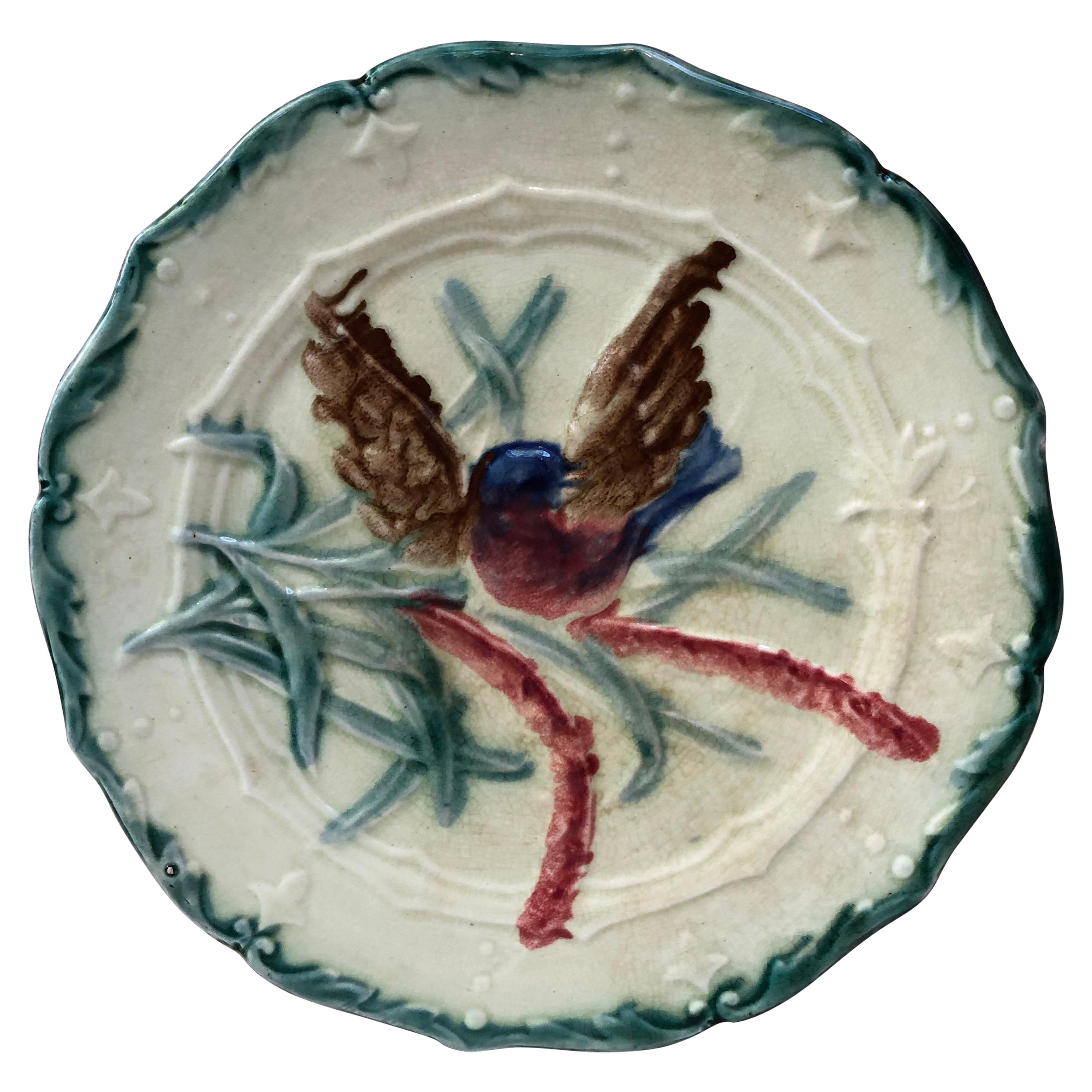 Majolica Saint Amand Bird Plate, circa 1890 For Sale