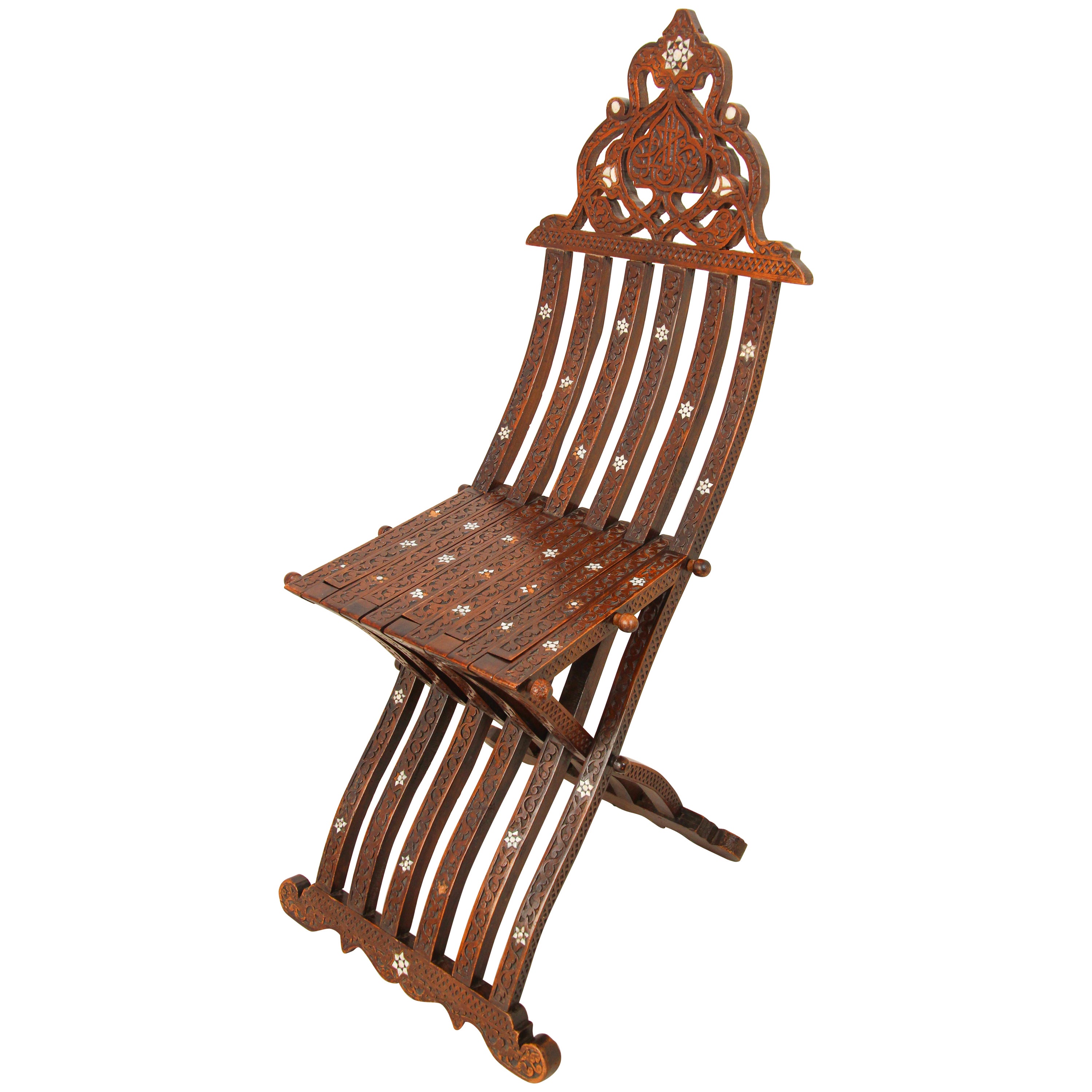 Middle Eastern 19th Century Moorish Folding Chair Shell Inlaid For Sale