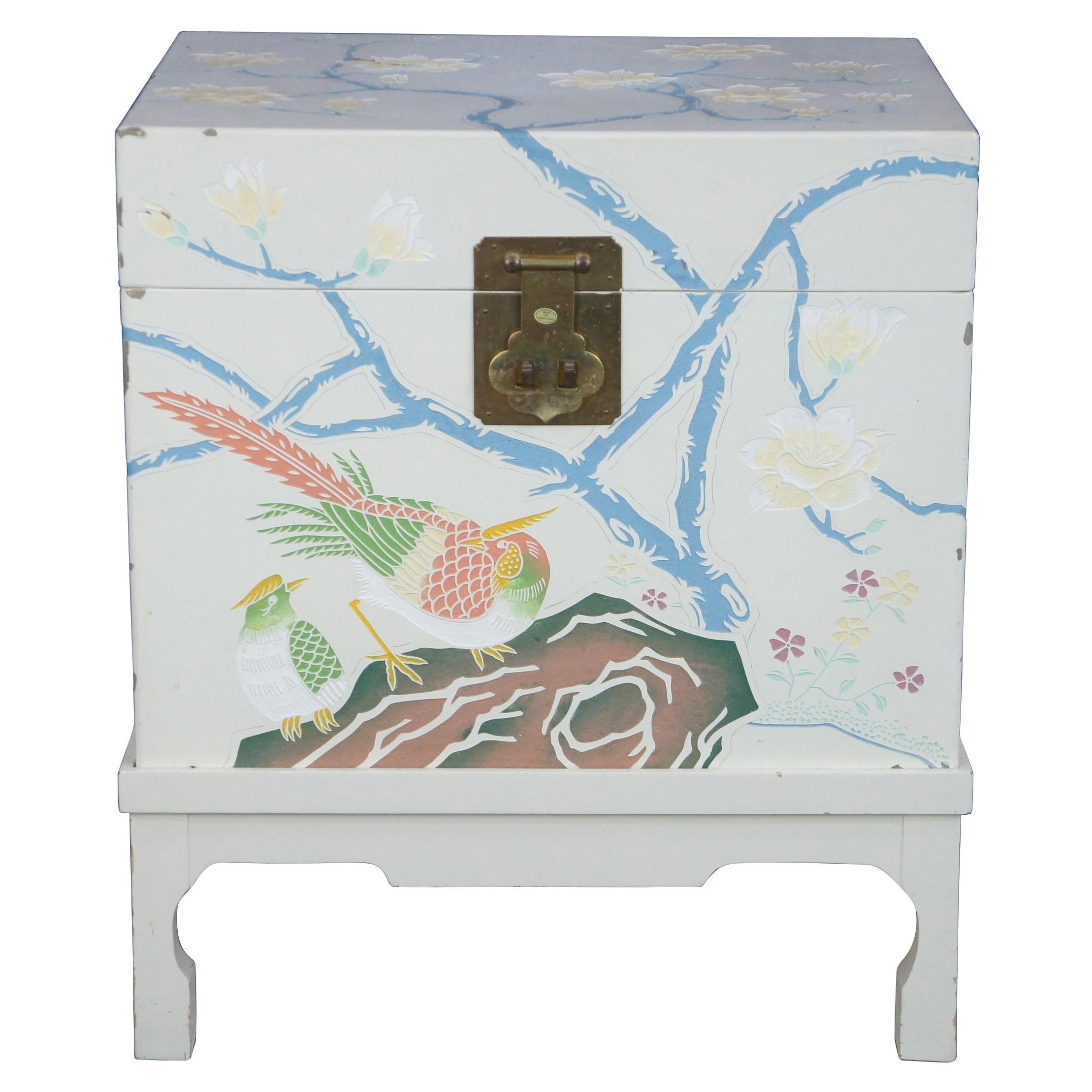 Chinese Mid Century Polychrome Lacquered Chest on Stand Box Trunk Side Table For Sale