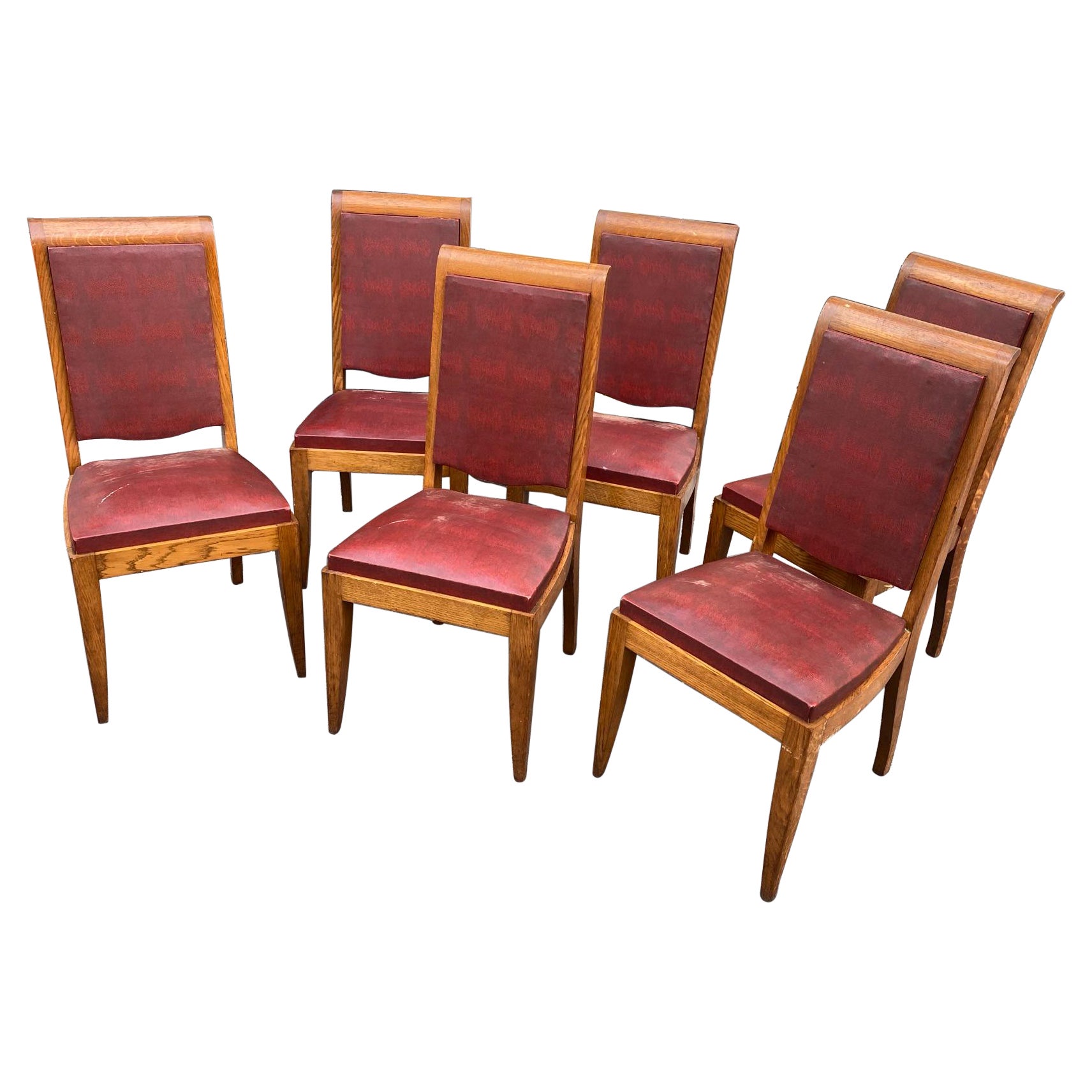 Gaston Poisson, Set of Six Art Deco Chairs in Oak, circa 1930/1940