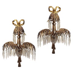Pair of Three Arm Bronze and Crystal Palm Sconces