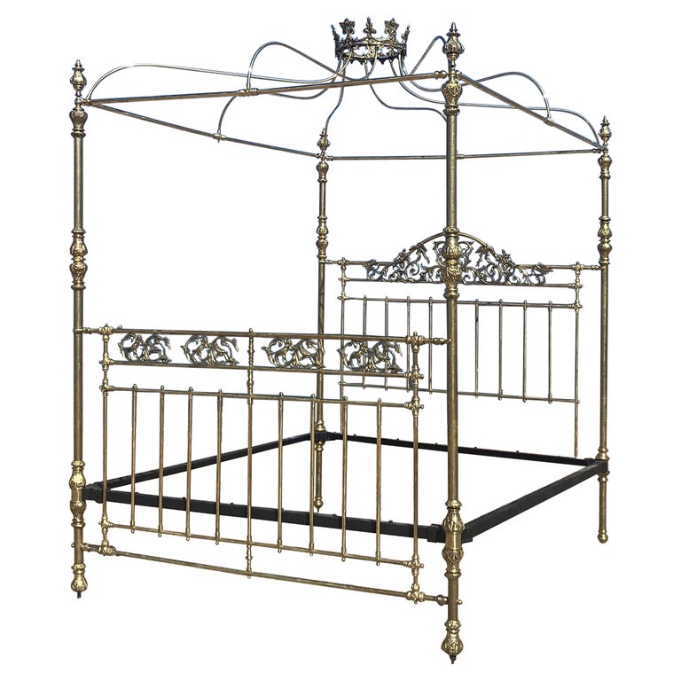Wide Antique Brass Four Poster Bed with Song Birds M4P36 at 1stDibs