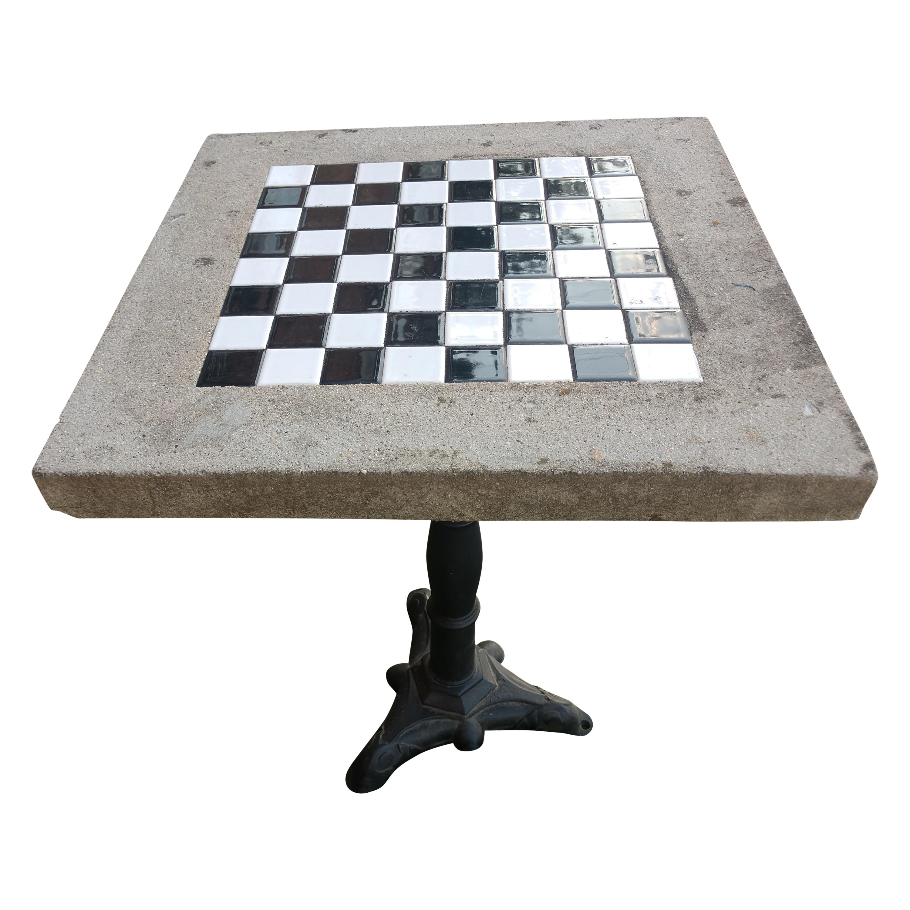 Cast Stone with Inset Ceramic Tile Outdoor  Game Table with Cast Iron Base