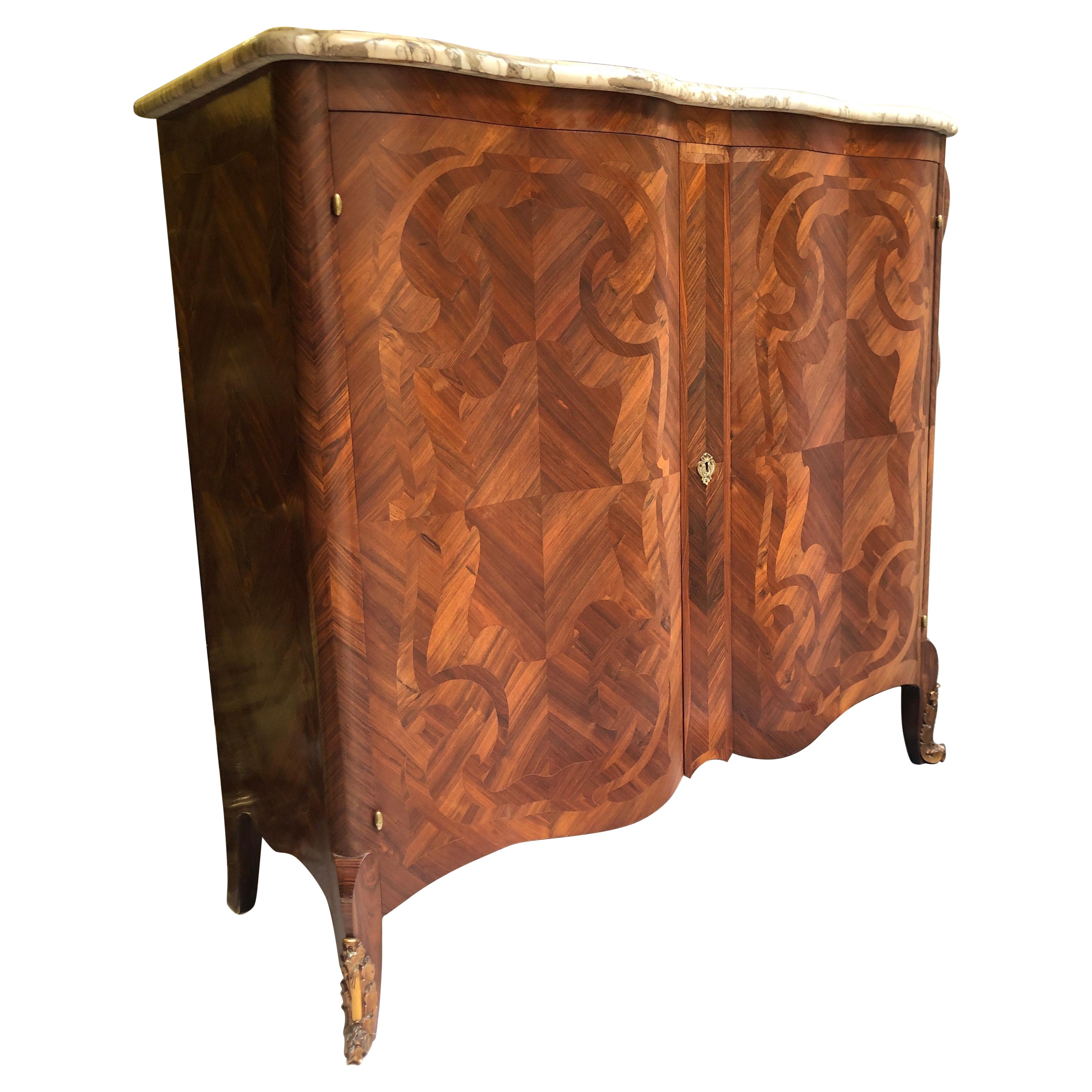 20th Century French Mahogany Inlay Serpentine Marble Top Commode