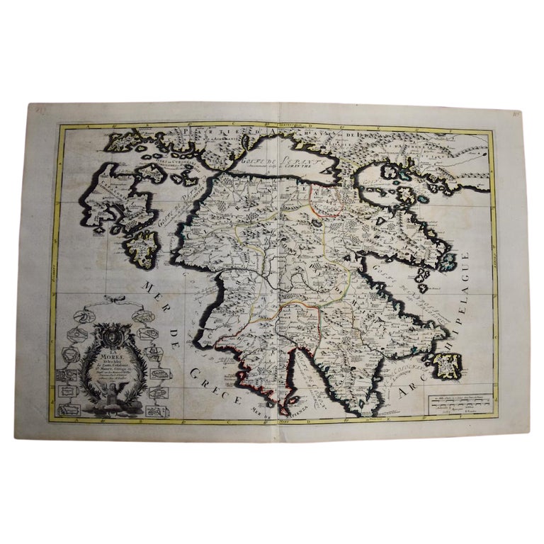 Southern Greece: A Large 17th C. Hand-colored Map by Sanson and Jaillot For Sale