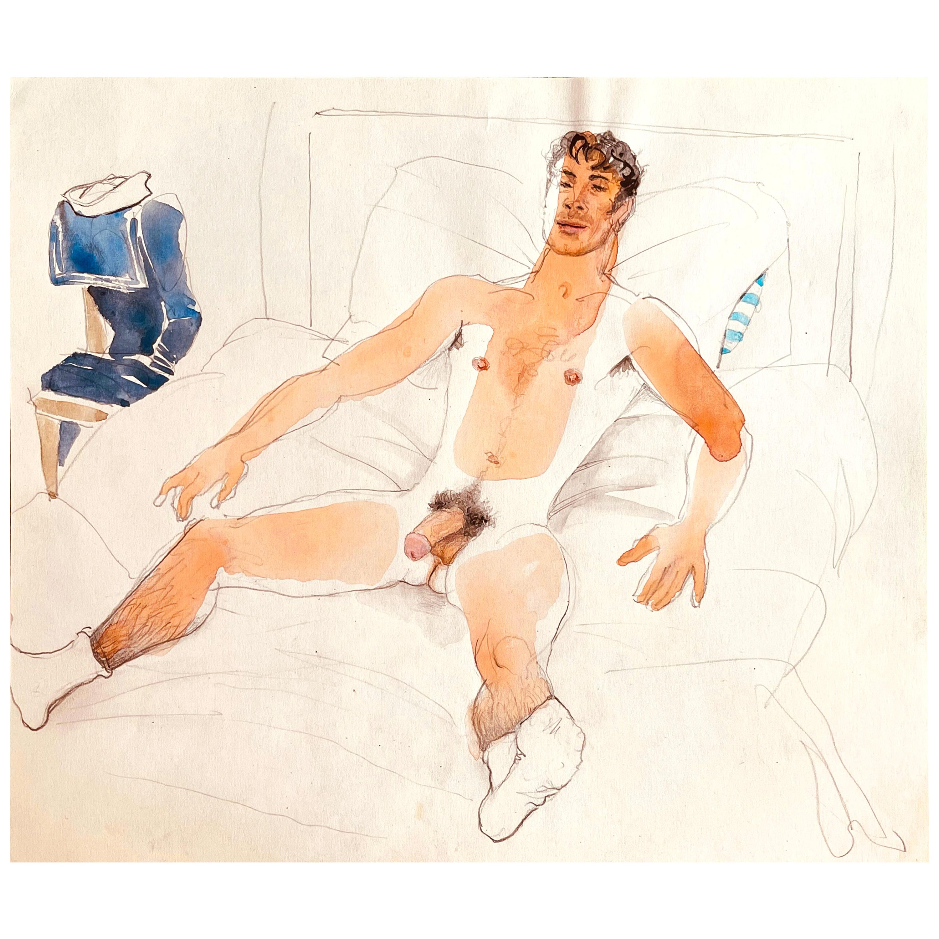 "Sailor in Repose," Mid Century Watercolor w/ Male Nude by Emlen Etting