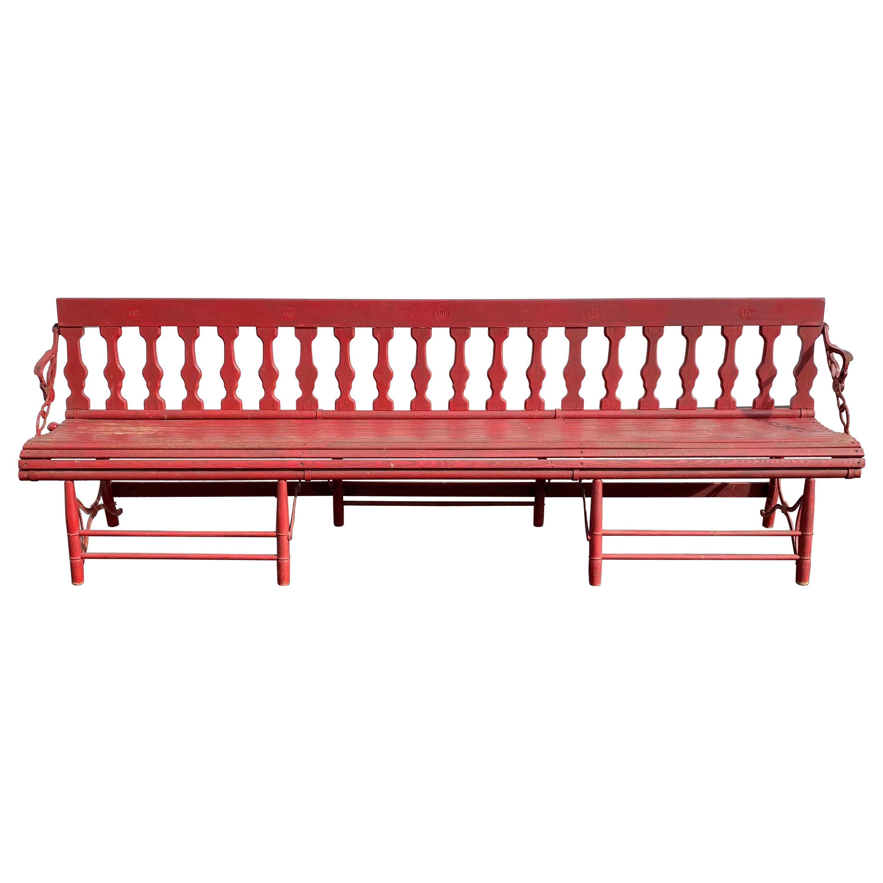 Late 19th Century Red Painted Oak & Cast Iron Folding Gymnasium or Station Bench