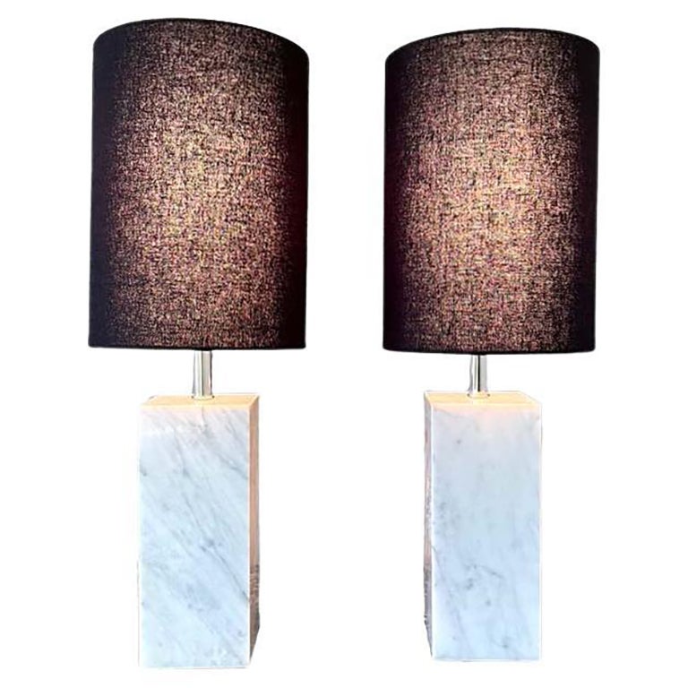 Pair of Marble Square Column Table Lamps in the Manner of T.H. Robsjohn-Gibbings